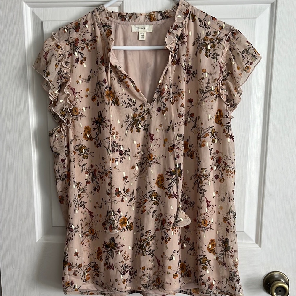 Daniel Rainn Tan and Brown Flutter Sleeve Blouse